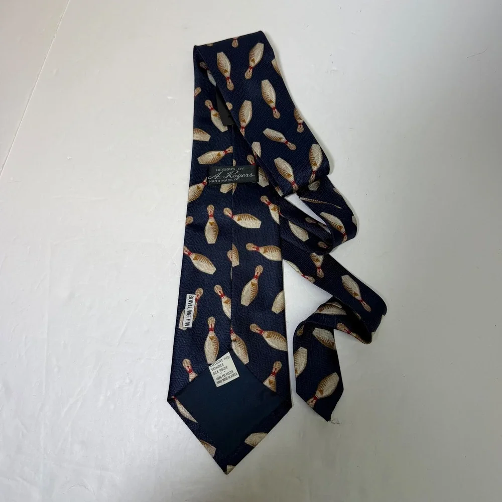 A. Rogers Mens Bowling Pin Novelty Tie Navy Blue Silk House Handmade Korea